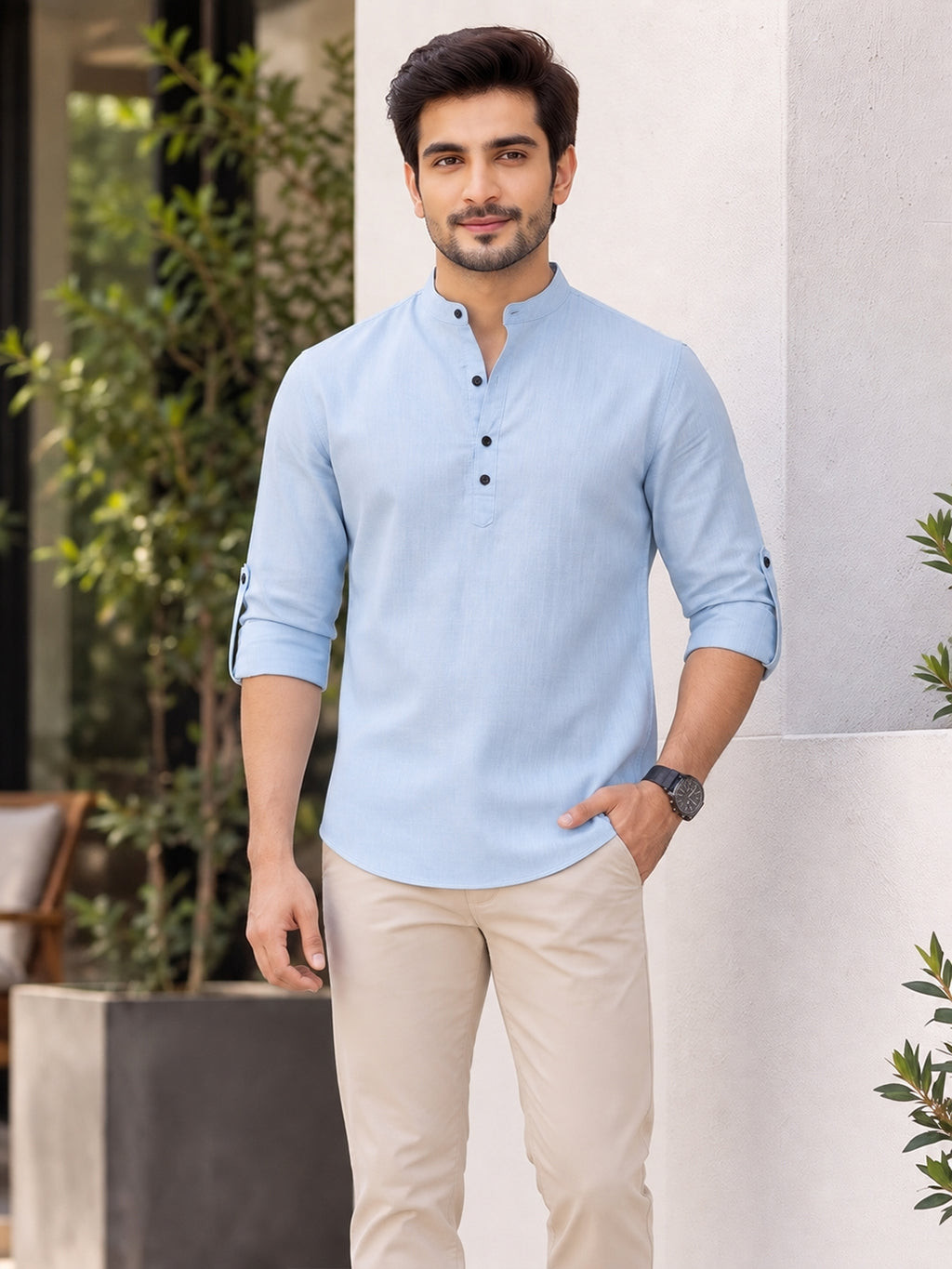 VORA LABEL Men’s Cotton Blend Solid Kurta | Mandarin Collar Full Sleeve Kurta | Casual & Festive Wear