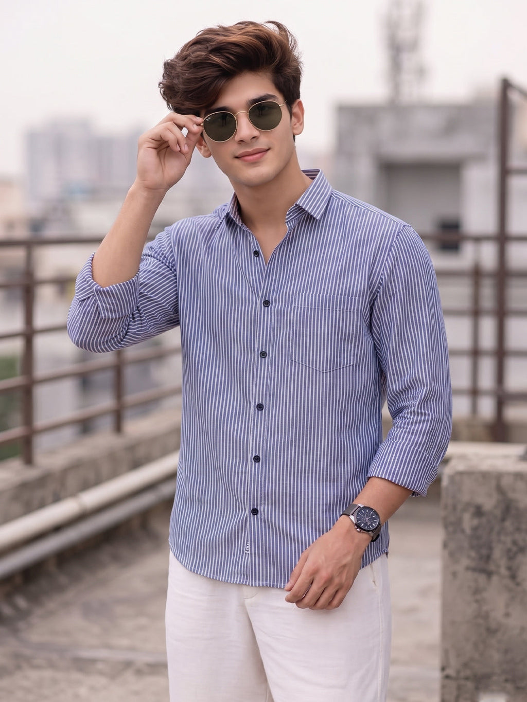VORA LABEL Men Cotton Striped Regular Fit Casual Shirt - Sky Blue