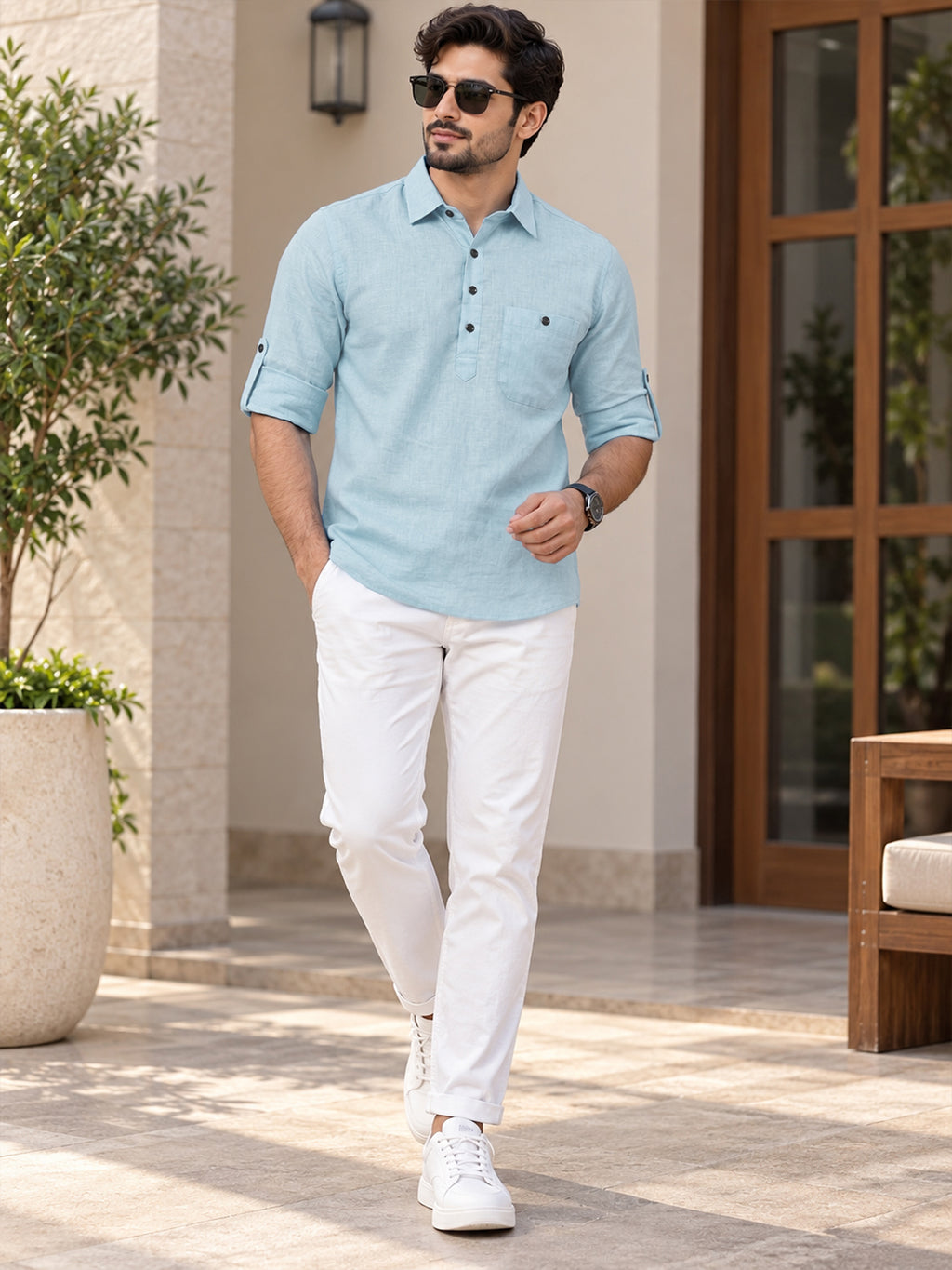 VORA LABEL Men’s Cotton Blend Solid Kurta | Mandarin Collar Full Sleeve Kurta with Pocket | Casual & Festive Wear