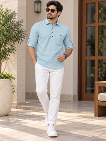 VORA LABEL Men’s Cotton Blend Solid Kurta | Mandarin Collar Full Sleeve Kurta with Pocket | Casual & Festive Wear