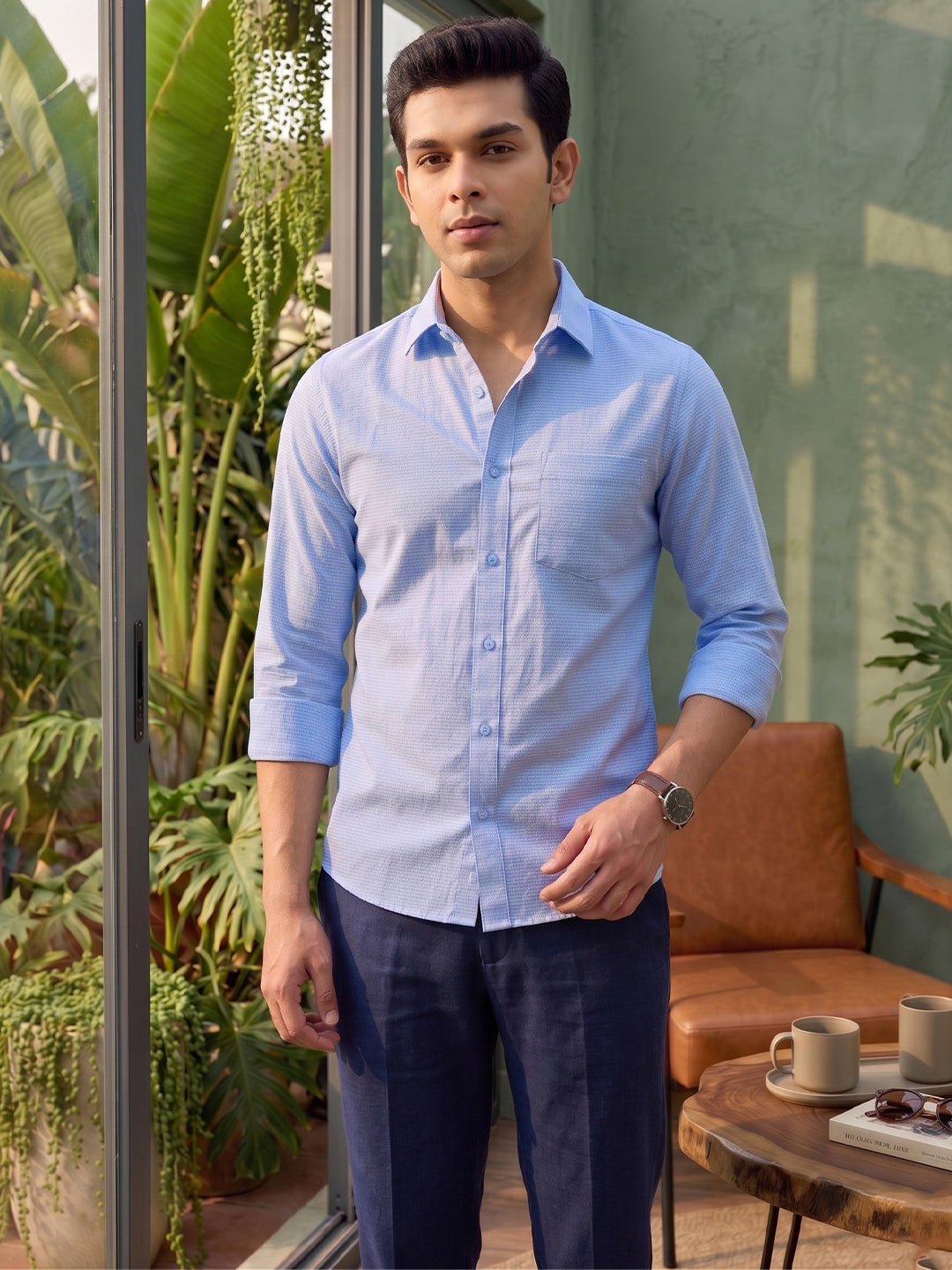 VORA LABEL Men Cotton Solid Regular Fit Casual Shirt - Sky Blue