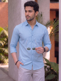 VORA LABEL Men Denim Striped Slim Fit Casual Shirt - Black