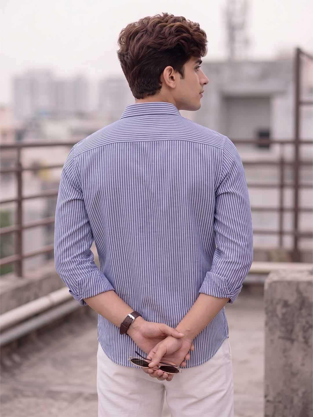 VORA LABEL Men Cotton Striped Regular Fit Casual Shirt - Sky Blue Secondary image