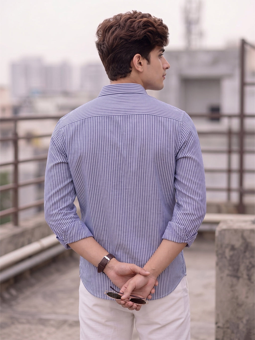 VORA LABEL Men Cotton Striped Regular Fit Casual Shirt - Sky Blue