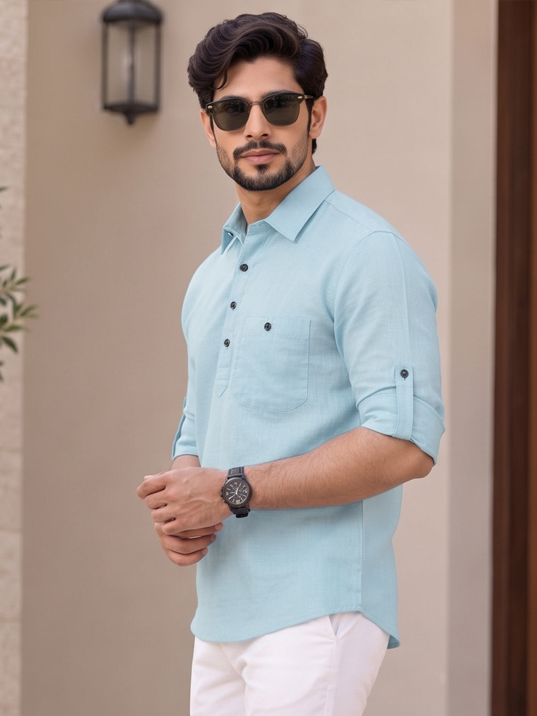VORA LABEL Men’s Cotton Blend Solid Kurta | Mandarin Collar Full Sleeve Kurta with Pocket | Casual & Festive Wear