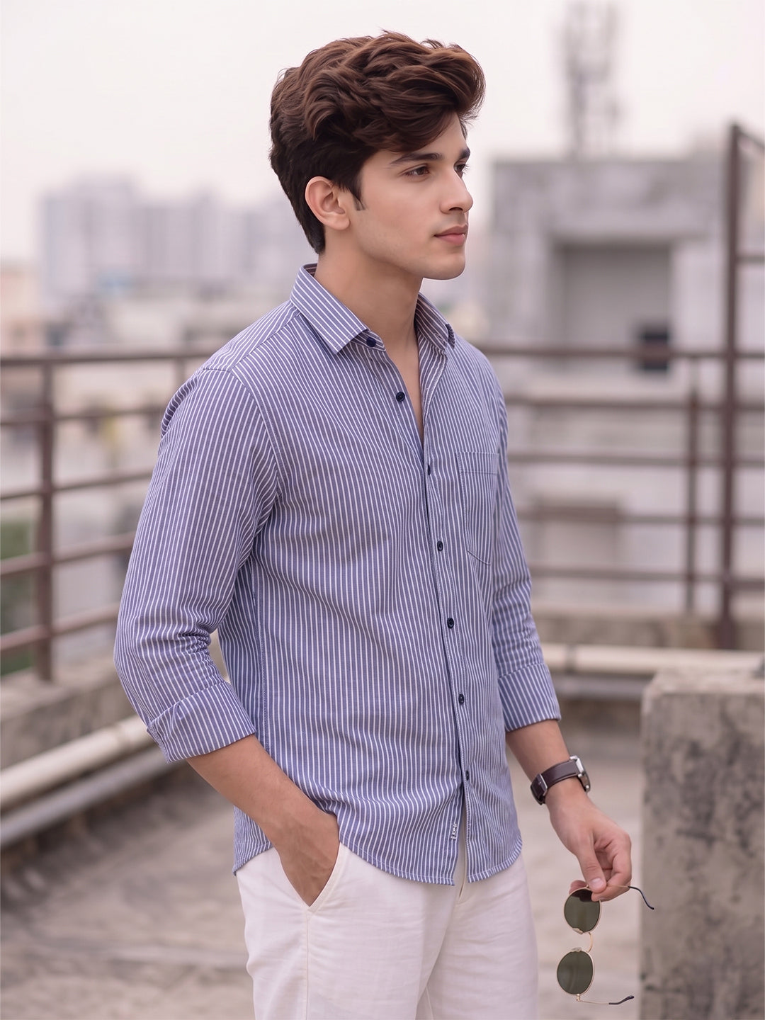 VORA LABEL Men Cotton Striped Regular Fit Casual Shirt - Sky Blue