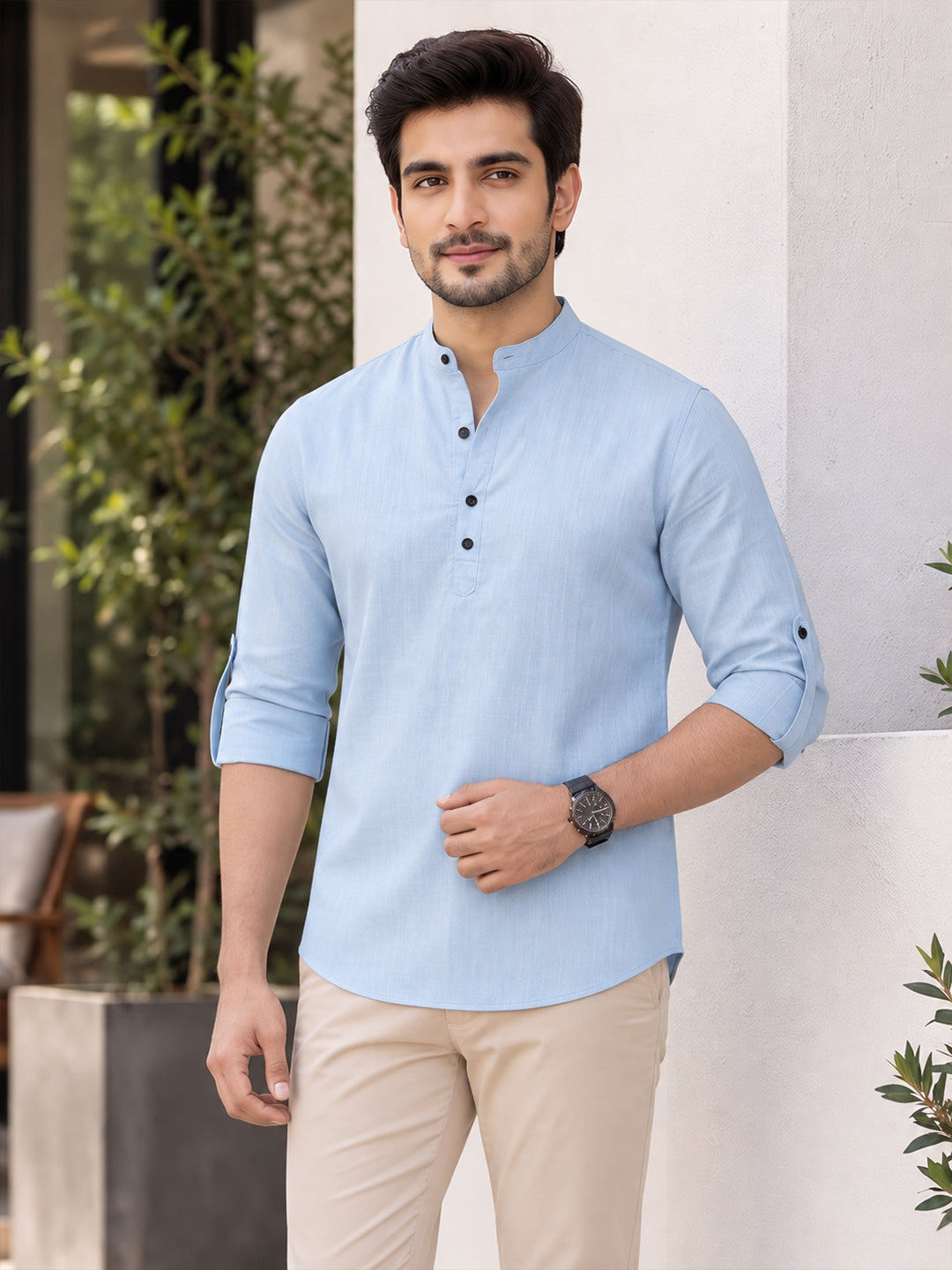 VORA LABEL Men’s Cotton Blend Solid Kurta | Mandarin Collar Full Sleeve Kurta | Casual & Festive Wear