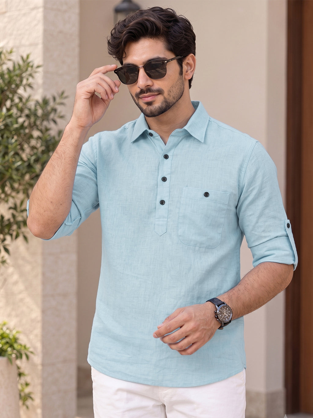 VORA LABEL Men’s Cotton Blend Solid Kurta | Mandarin Collar Full Sleeve Kurta with Pocket | Casual & Festive Wear