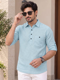 VORA LABEL Men’s Cotton Blend Solid Kurta | Mandarin Collar Full Sleeve Kurta with Pocket | Casual & Festive Wear