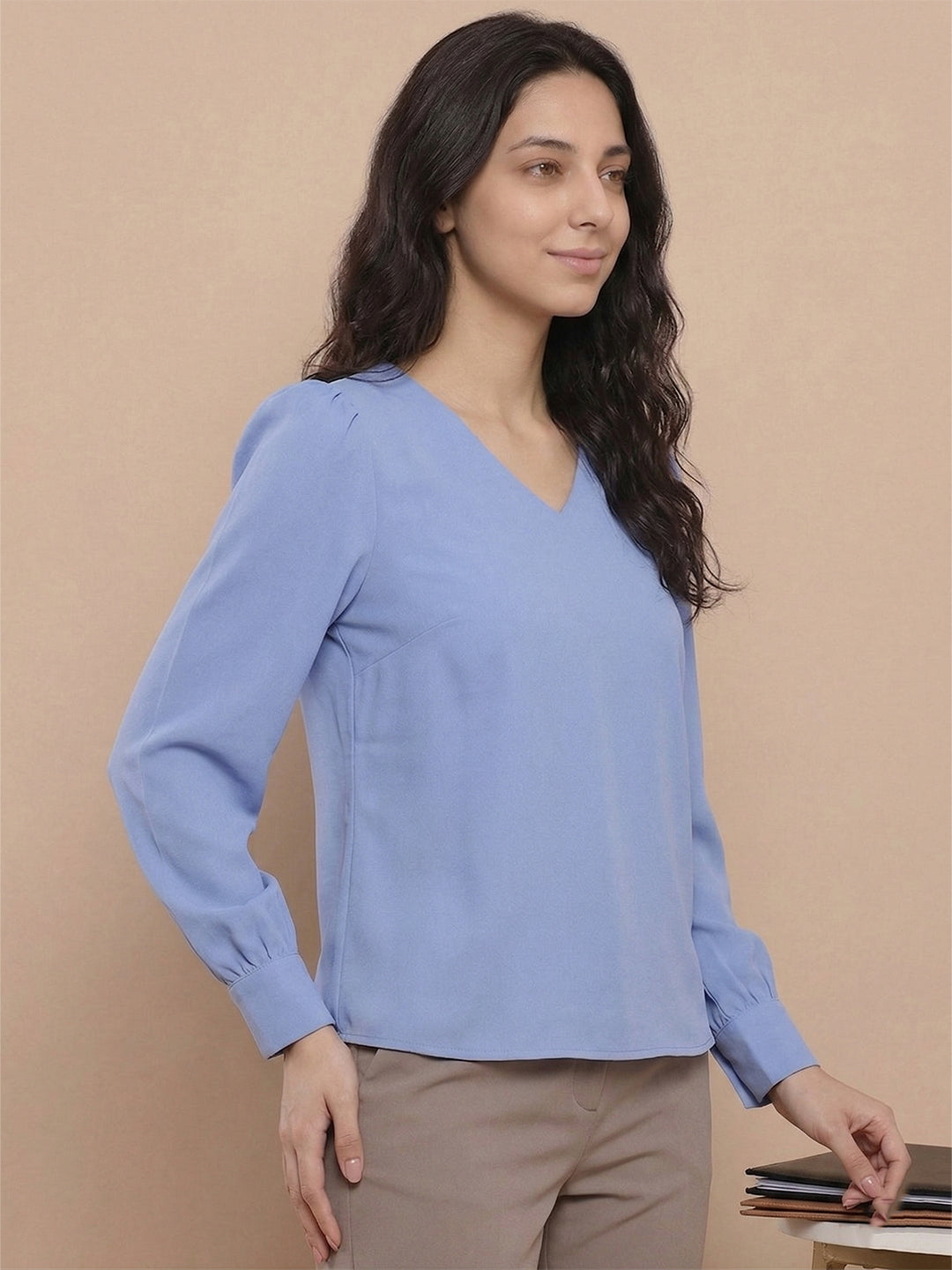 VORA LABEL Women Denim Solid Regular Fit Top - Sky Blue