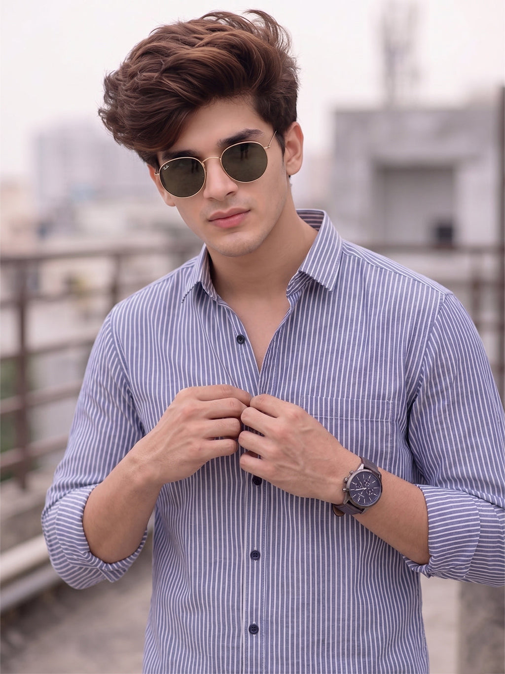 VORA LABEL Men Cotton Striped Regular Fit Casual Shirt - Sky Blue