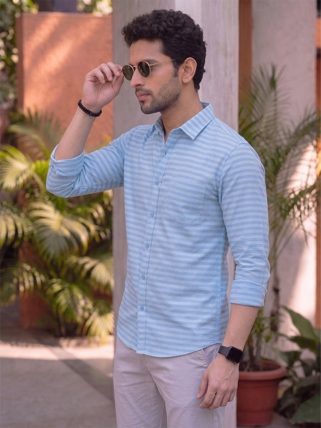 VORA LABEL Men Denim Striped Slim Fit Casual Shirt - Black