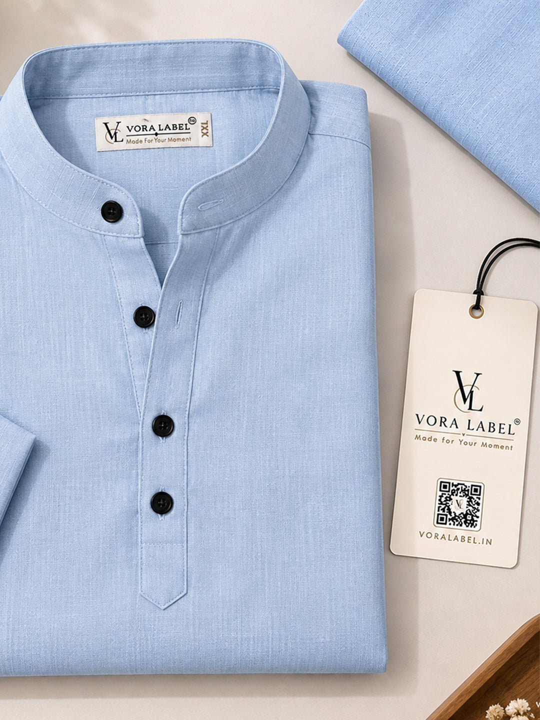 VORA LABEL Men’s Cotton Blend Solid Kurta | Mandarin Collar Full Sleeve Kurta | Casual & Festive Wear