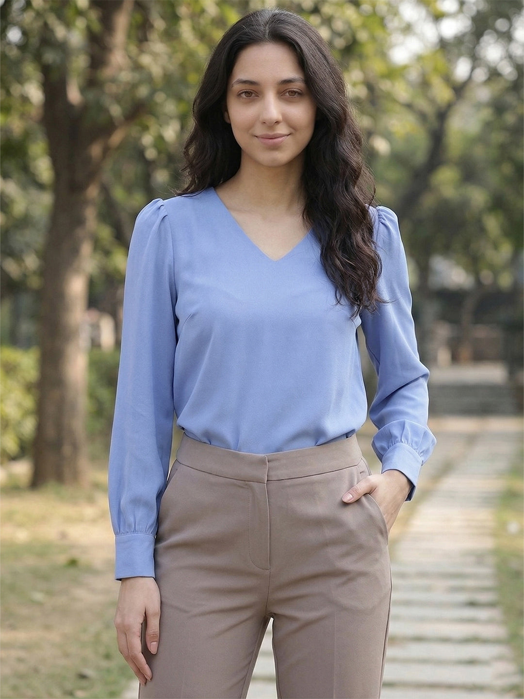 VORA LABEL Women Denim Solid Regular Fit Top - Sky Blue