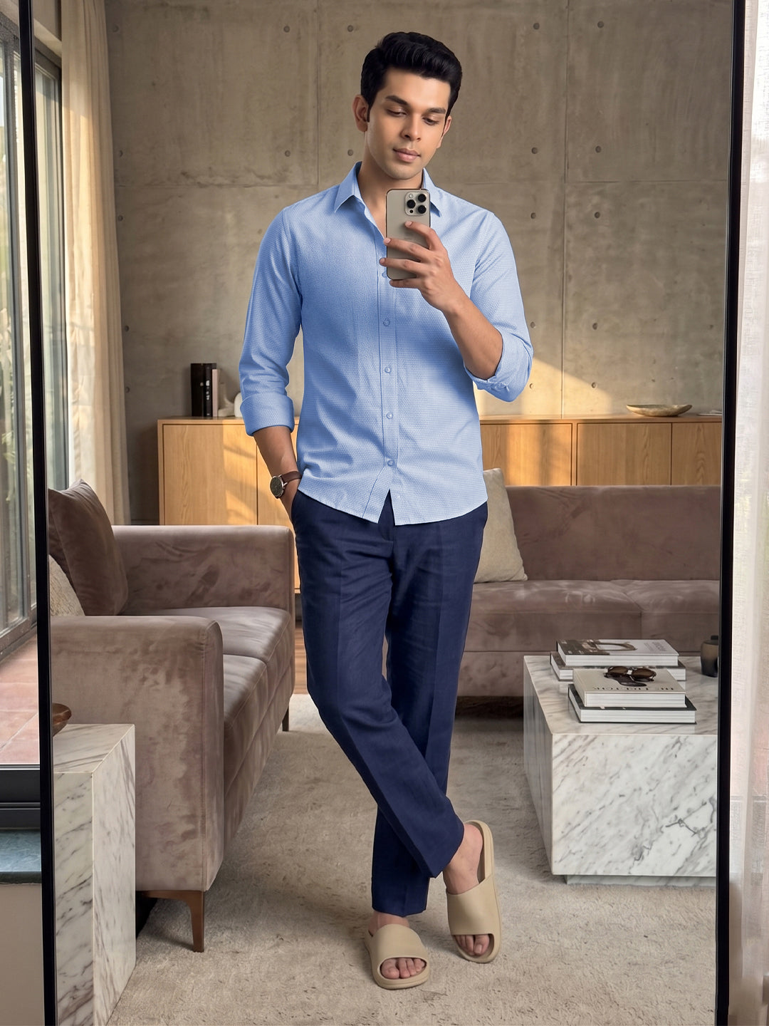 VORA LABEL Men Cotton Solid Regular Fit Casual Shirt - Sky Blue