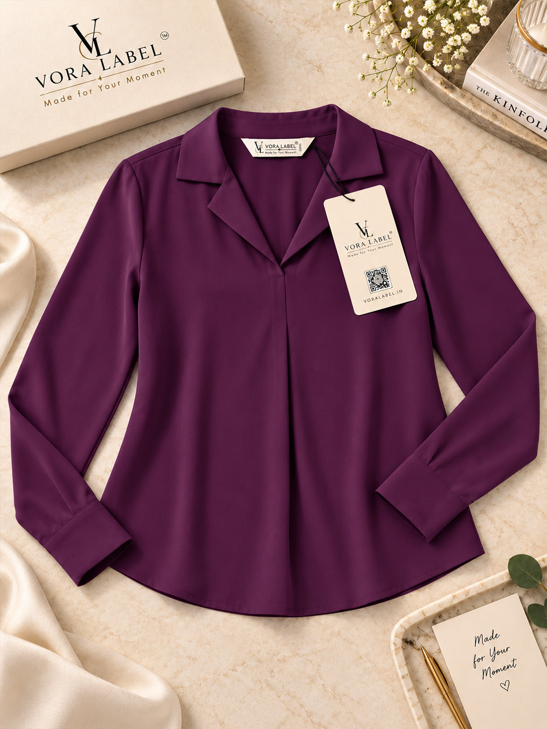 VORA LABEL Women's Elegant Crepe Shirt Style Top | Stylish Collared Neck Full Sleeve Casual & Office Wear Top