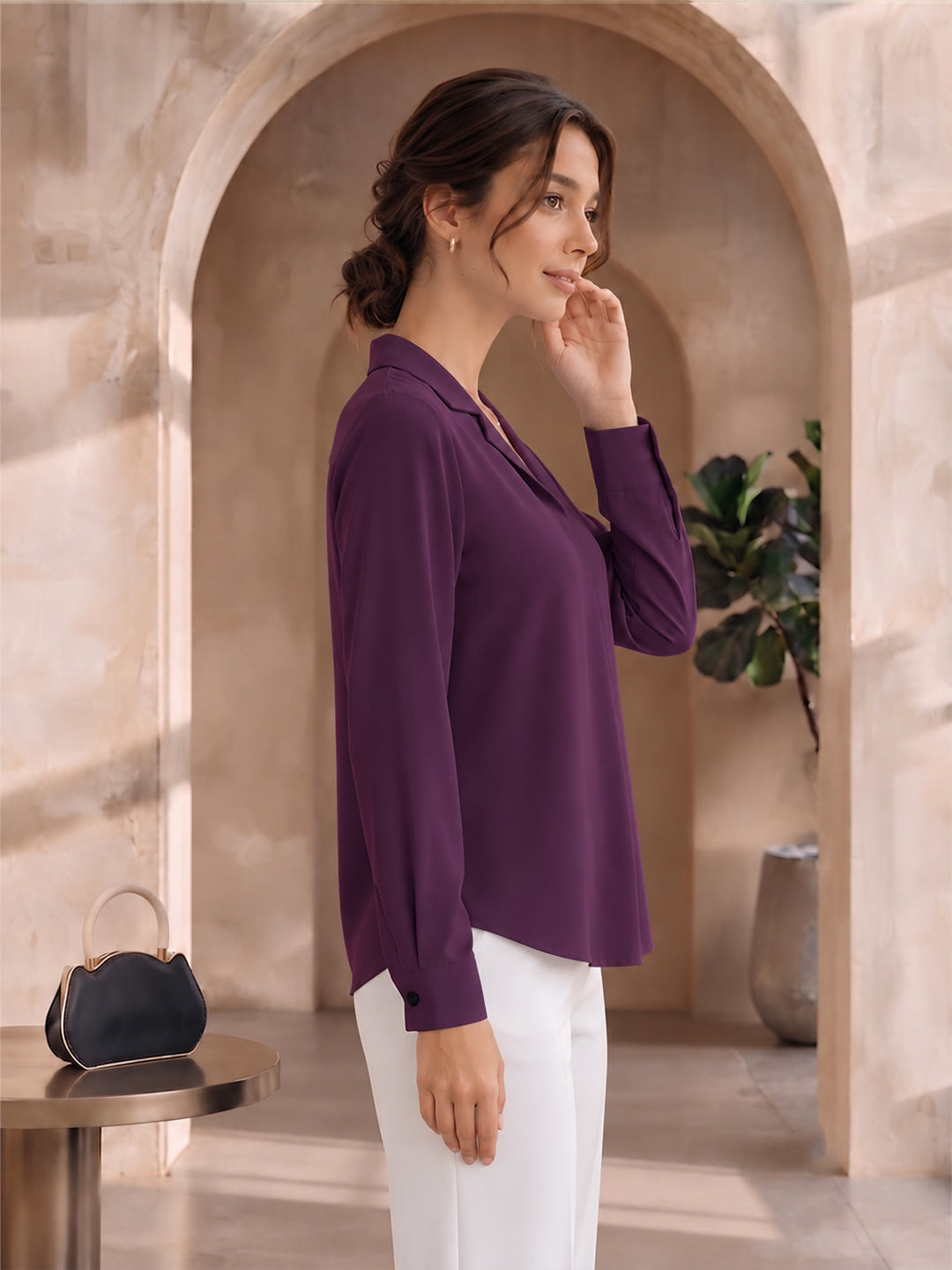 VORA LABEL Women's Elegant Crepe Shirt Style Top | Stylish Collared Neck Full Sleeve Casual & Office Wear Top