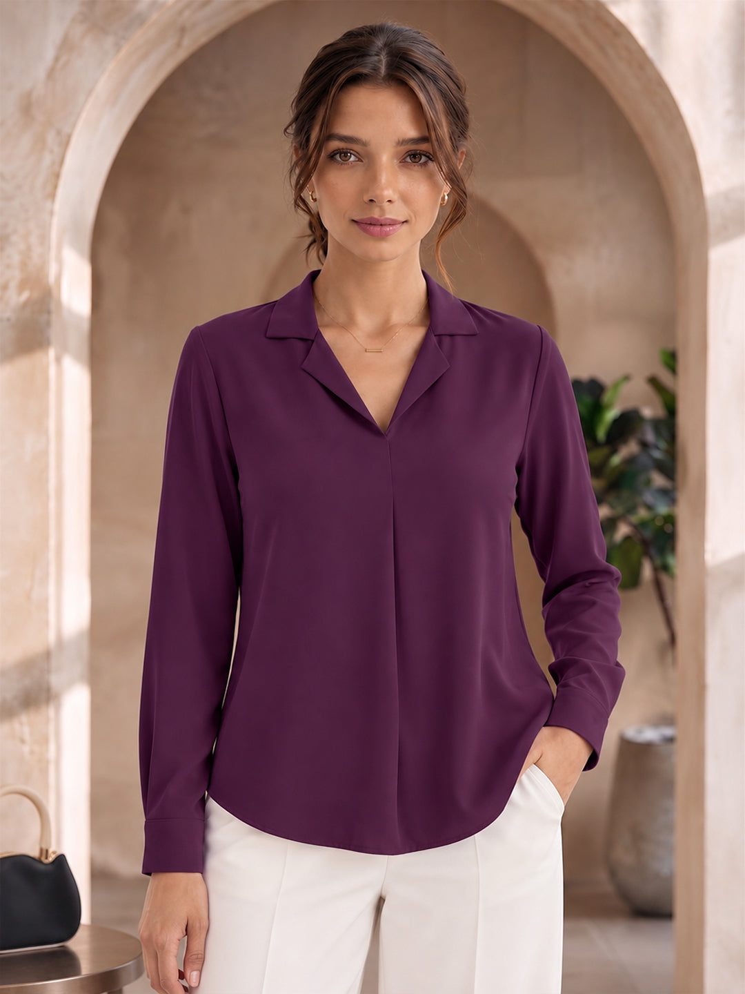 VORA LABEL Women's Elegant Crepe Shirt Style Top | Stylish Collared Neck Full Sleeve Casual & Office Wear Top