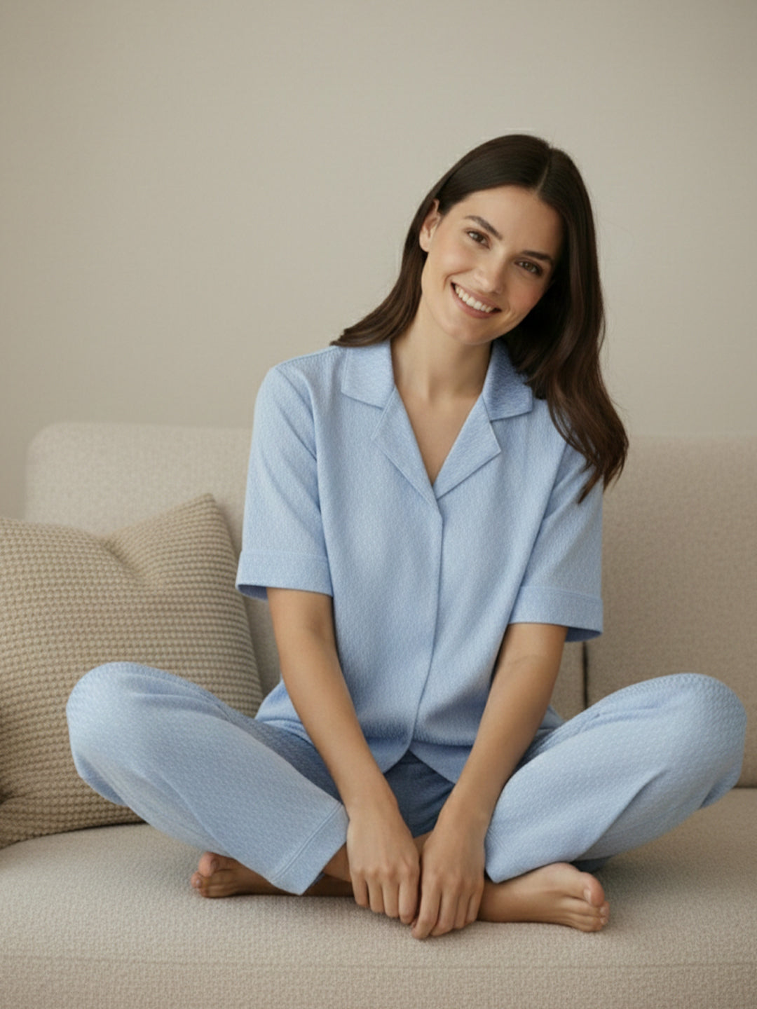 VORA LABEL Women Linen Solid Relaxed Fit Co-ord Set - Sky Blue