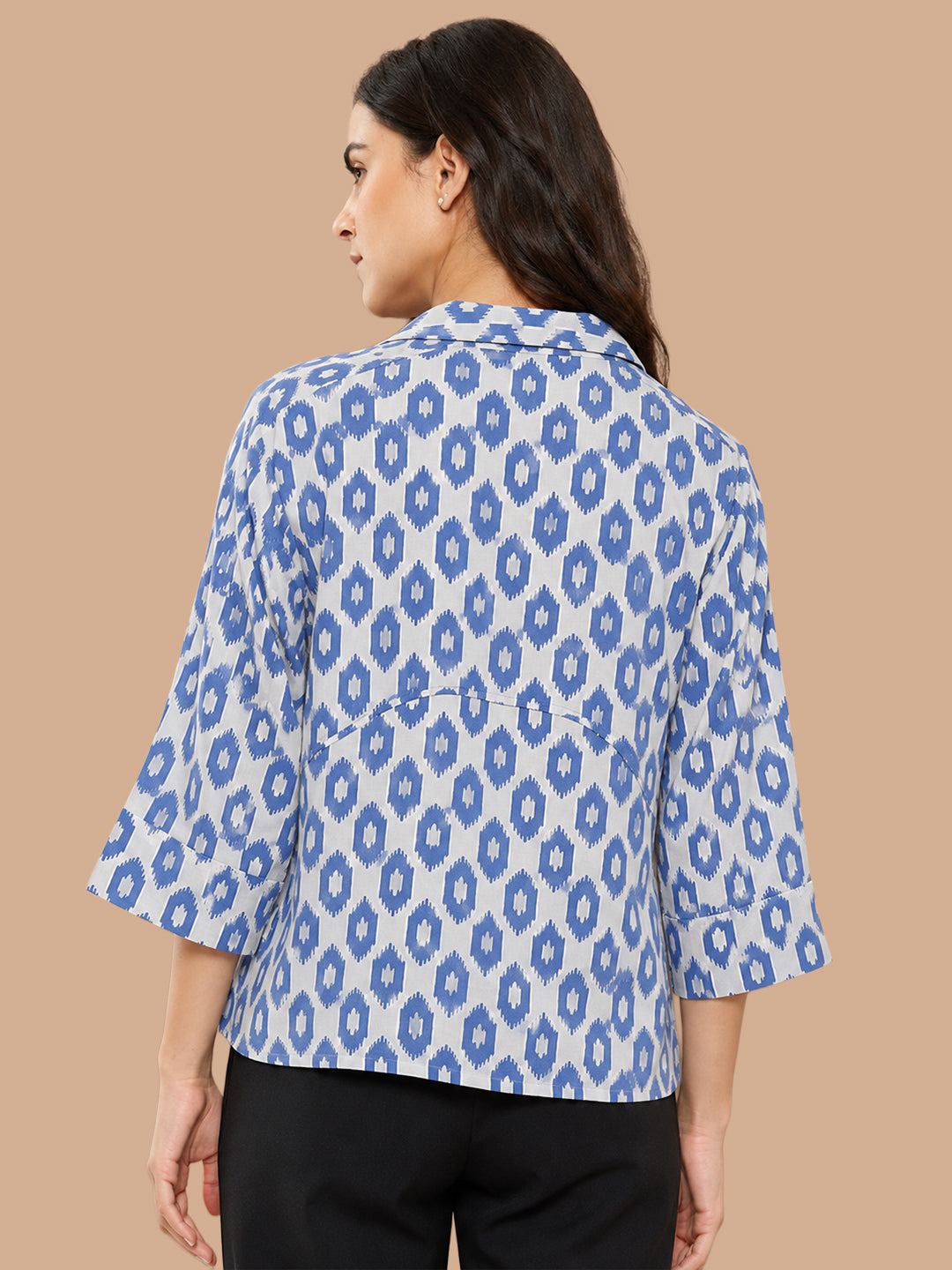 VORA LABEL Women’s Pure Cotton Blue Printed Shirt Top | 3/4 Sleeve Collared Casual Tunic | Comfortable Regular Fit Secondary image