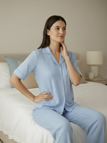VORA LABEL Women Linen Solid Relaxed Fit Co-ord Set - Sky Blue