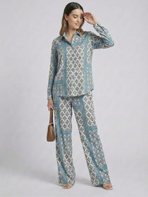 VORA LABEL Women Viscose Rayon Floral Printed Regular Fit Co-ord Set - Sky Blue