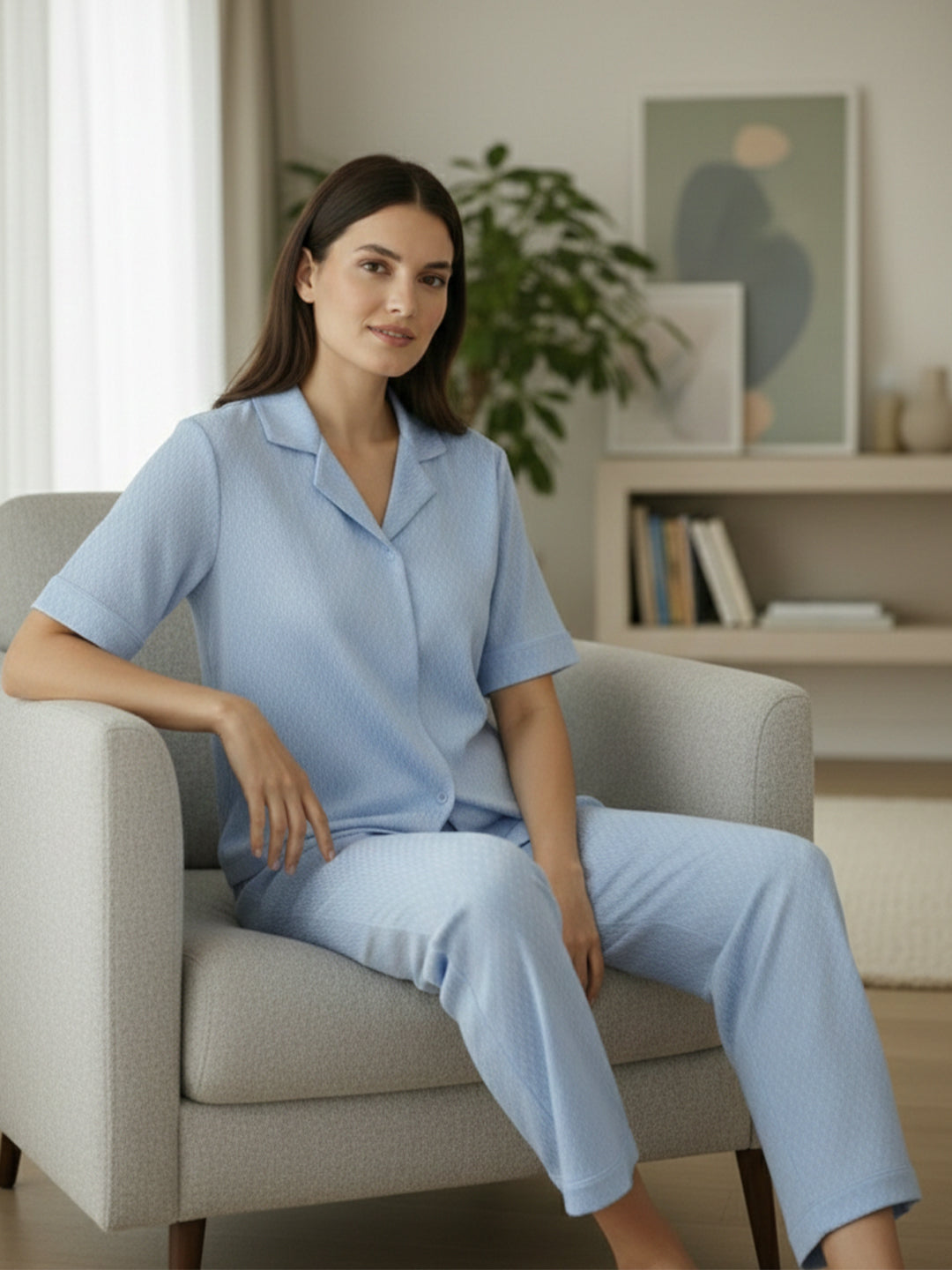 VORA LABEL Women Linen Solid Relaxed Fit Co-ord Set - Sky Blue