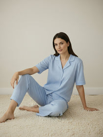 VORA LABEL Women Linen Solid Relaxed Fit Co-ord Set - Sky Blue