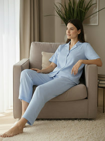 VORA LABEL Women Linen Solid Relaxed Fit Co-ord Set - Sky Blue