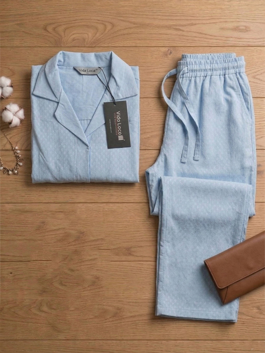 VORA LABEL Women Linen Solid Relaxed Fit Co-ord Set - Sky Blue