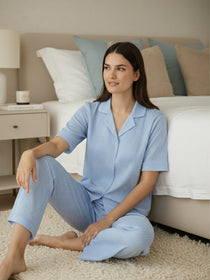 VORA LABEL Women Linen Solid Relaxed Fit Co-ord Set - Sky Blue