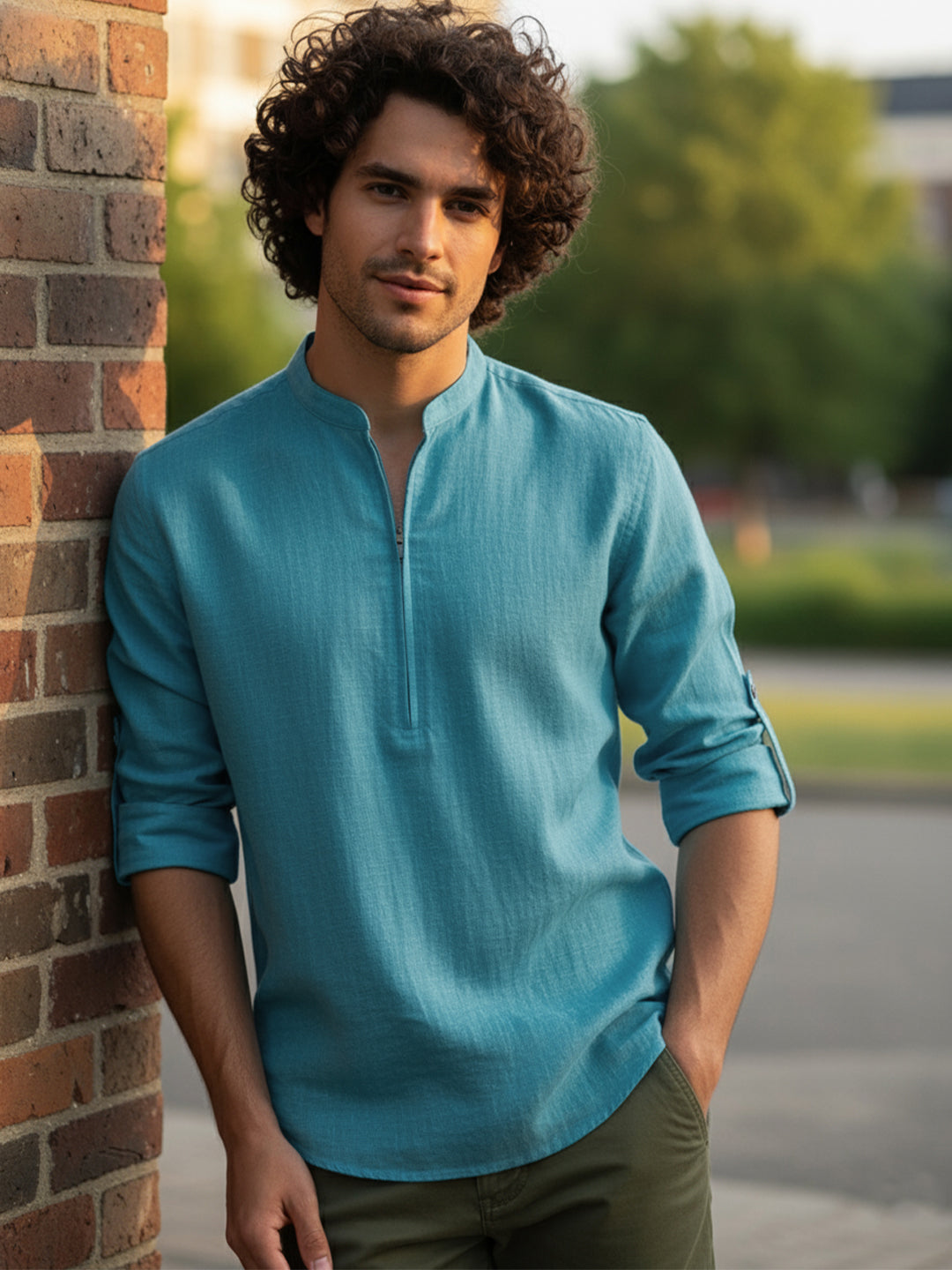 VORA LABEL Men Cotton Blend Striped Solid Short Kurta - Beige