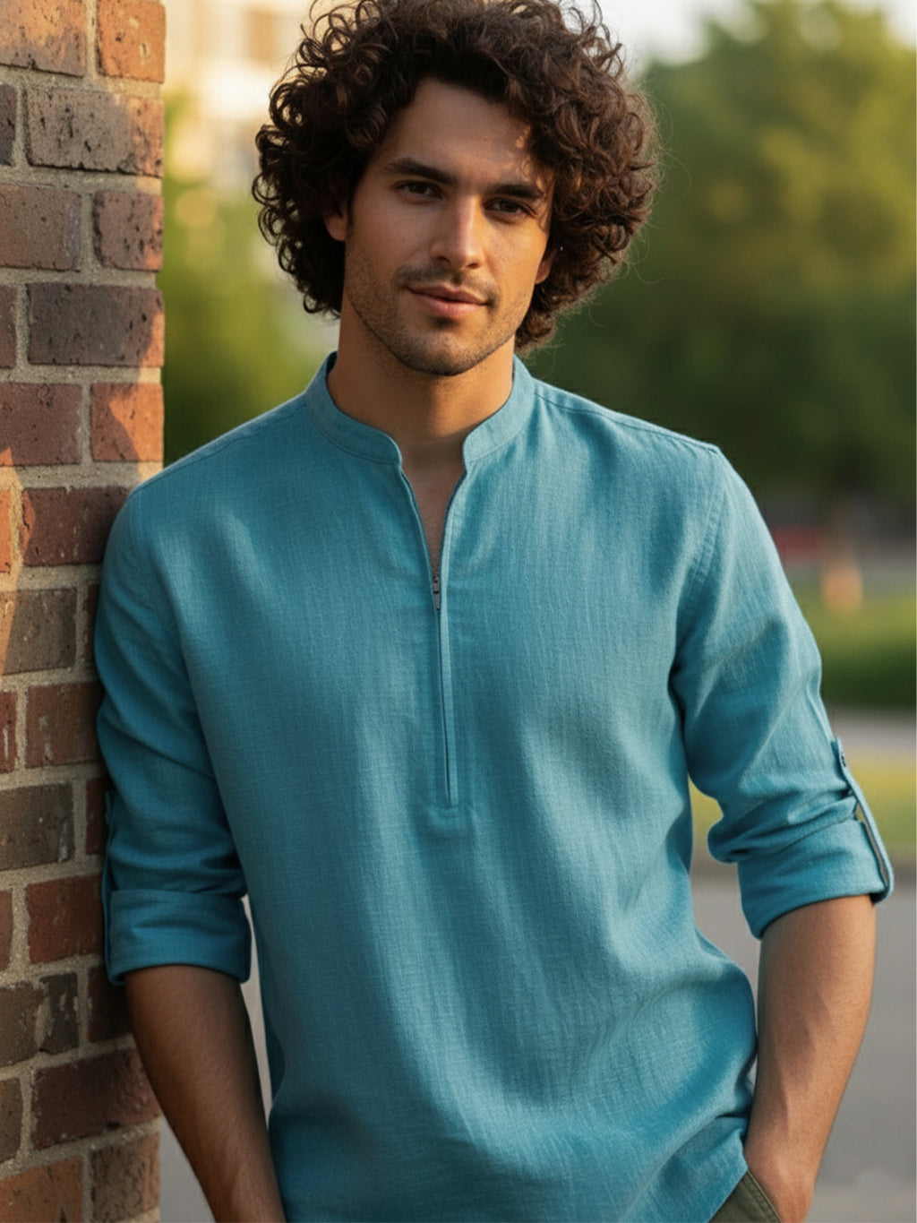 VORA LABEL Men Cotton Blend Striped Solid Short Kurta - Beige