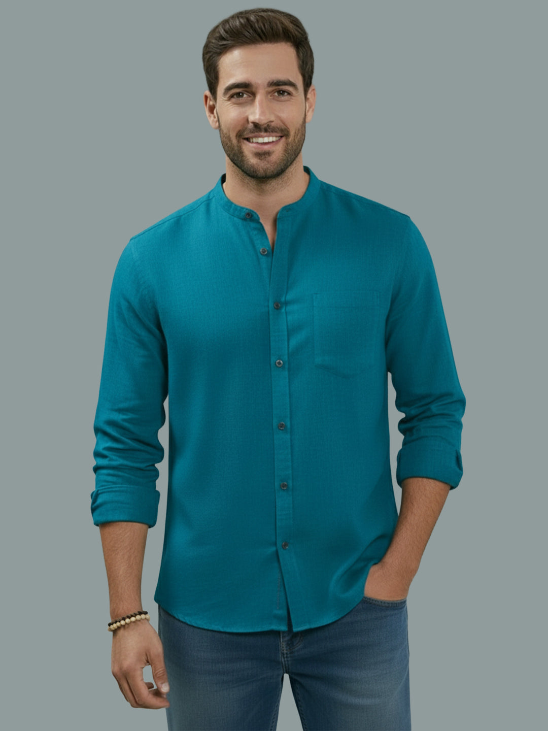 VORA LABEL Men Cotton Regular Fit Mandarin Collar Casual Shirt - Pink