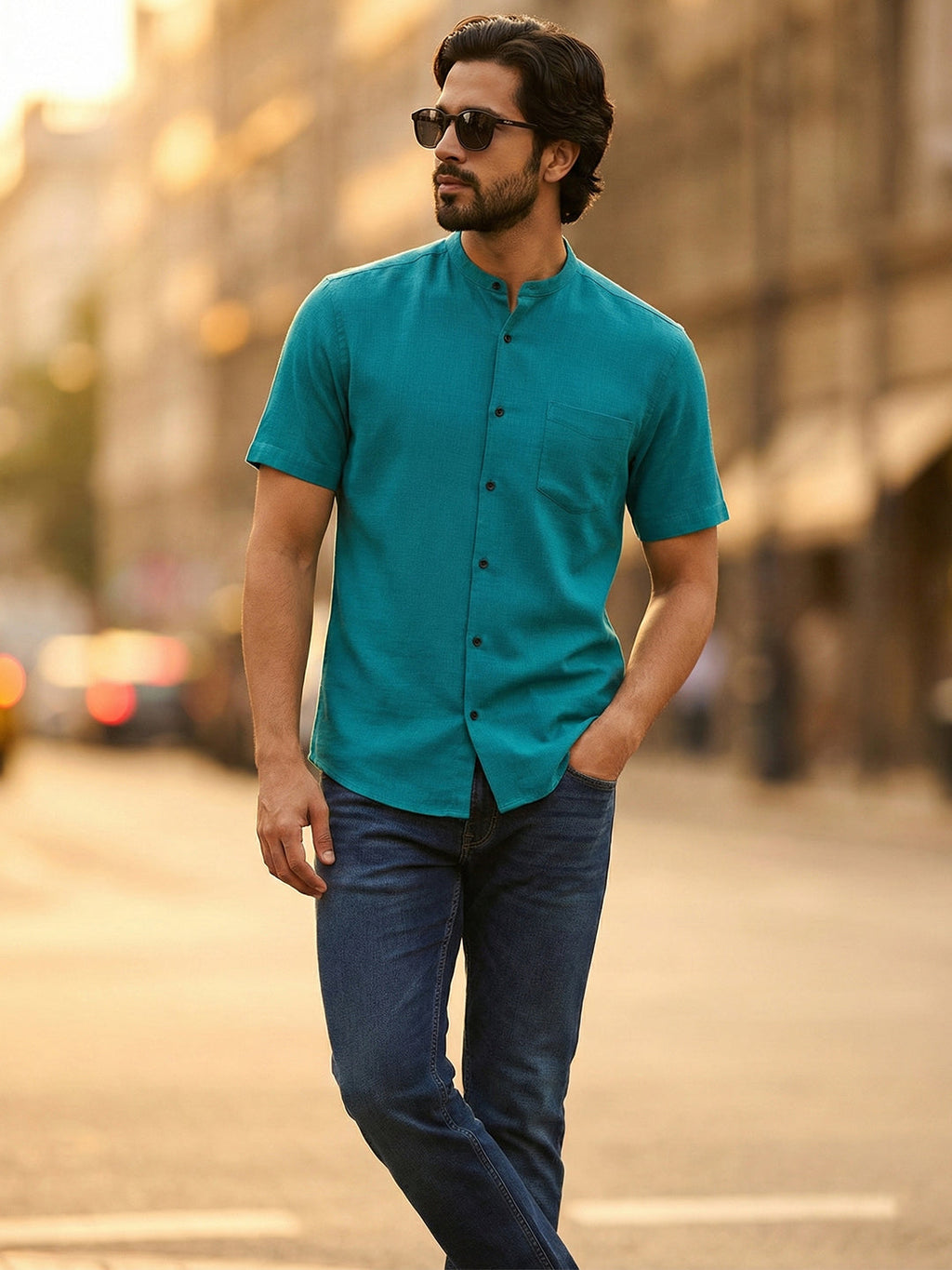 VORA LABEL Men Cotton Regular Fit Mandarin Collar Casual Shirt - White