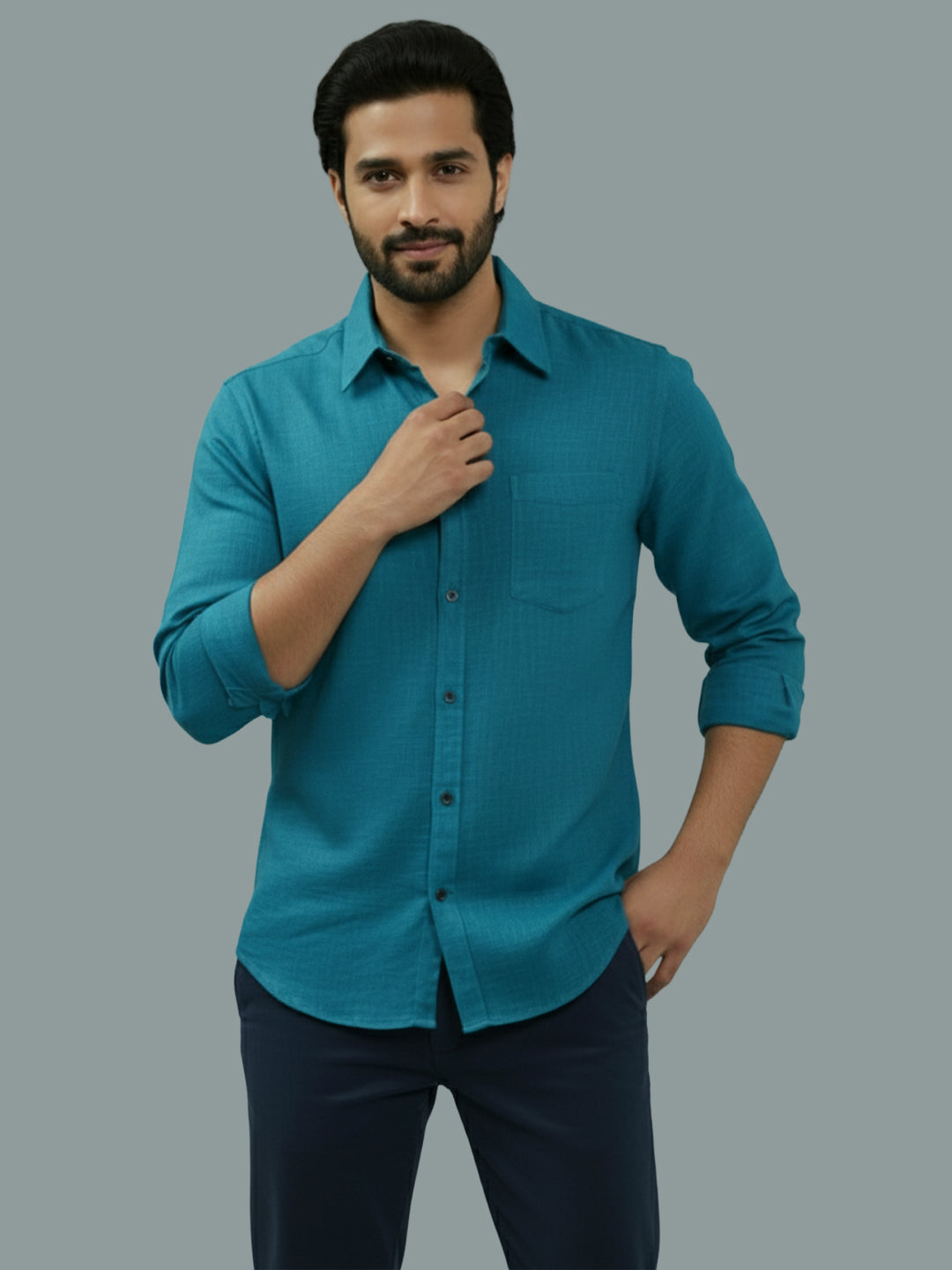 VORA LABEL Men Cotton Regular Fit Spread Collar Casual Shirt - Green