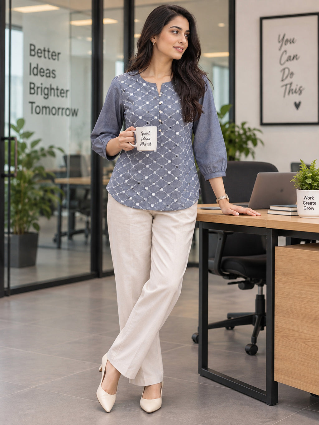 VORA LABEL Women Cotton Floral Printed Regular Fit Top - Dark Grey