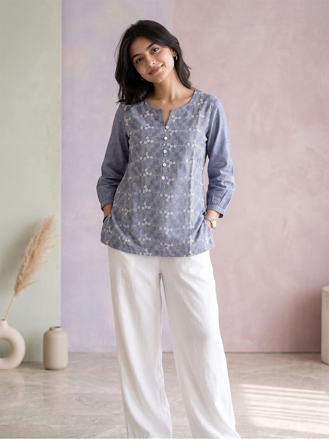 VORA LABEL Women Cotton Embroidered Regular Fit Top - Blue Main image