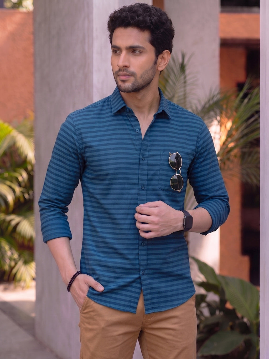 VORA LABEL Men Denim Striped Slim Fit Casual Shirt - Black