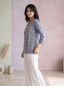 VORA LABEL Women Cotton Embroidered Regular Fit Top - Blue
