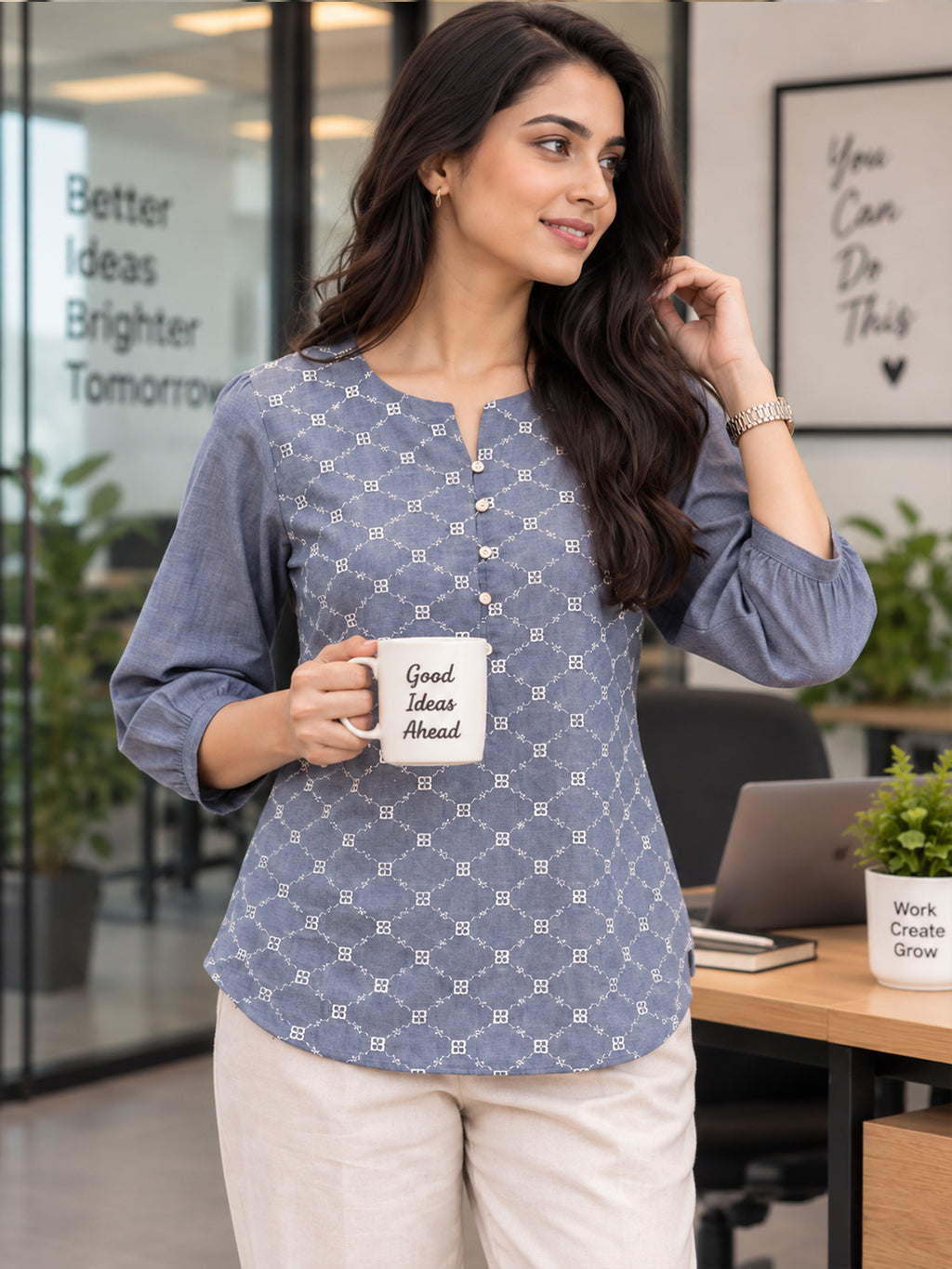 VORA LABEL Women Cotton Floral Printed Regular Fit Top - Dark Grey