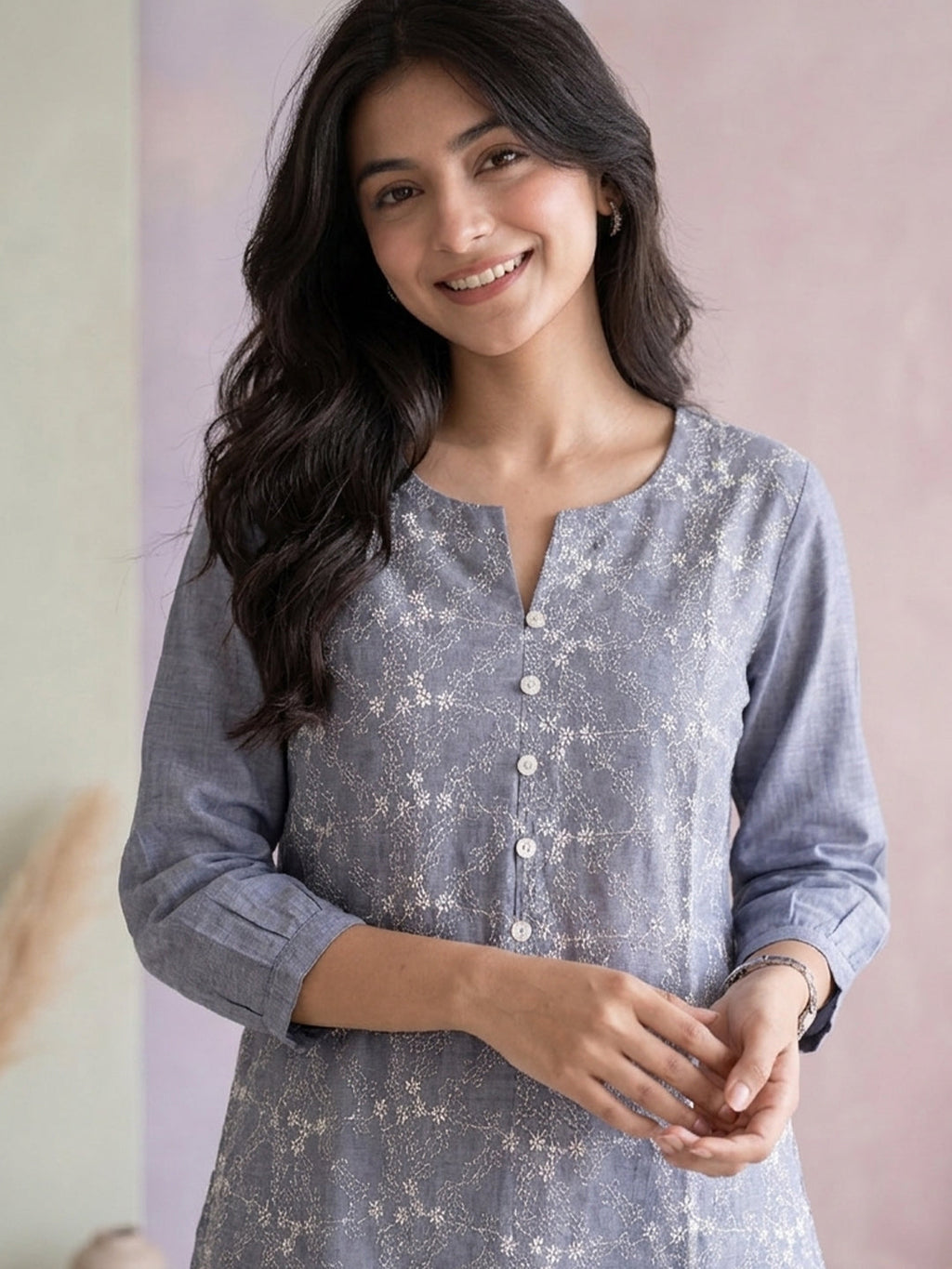 VORA LABEL Women Cotton Embroidered Regular Fit Top - Blue