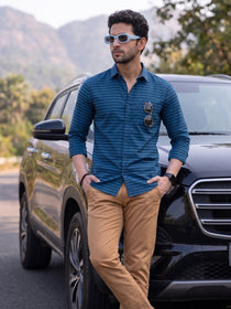 VORA LABEL Men Denim Striped Slim Fit Casual Shirt - Black