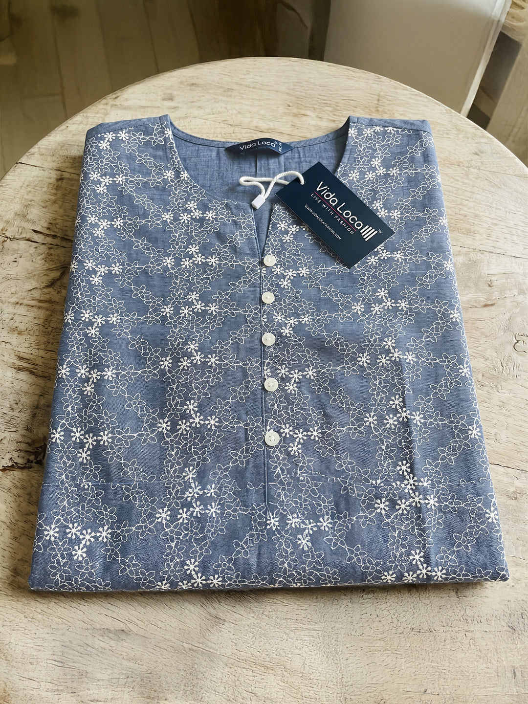 VORA LABEL Women Cotton Embroidered Regular Fit Top - Blue