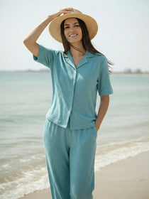 VORA LABEL Women Linen Solid Relaxed Fit Co-ord Set - Turquoise