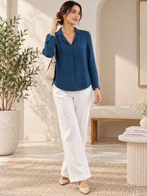 VORA LABEL Women's Royal Blue Crepe Shirt | Elegant Full Sleeve Collared Top for Women