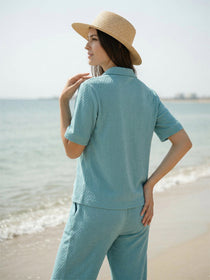 VORA LABEL Women Linen Solid Relaxed Fit Co-ord Set - Turquoise