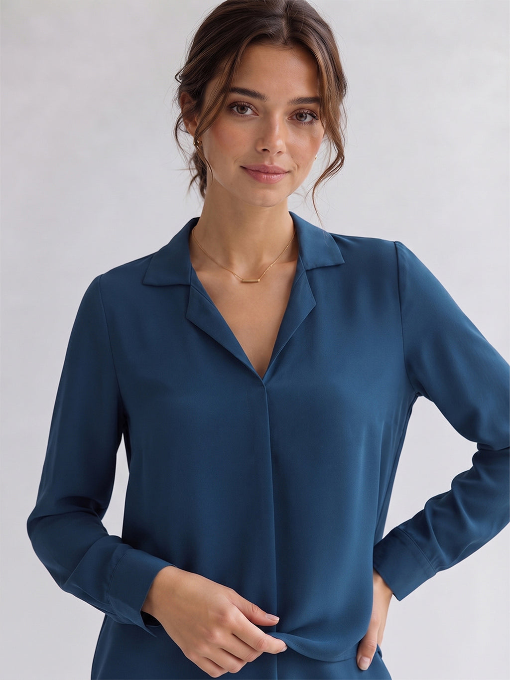 VORA LABEL Women's Royal Blue Crepe Shirt | Elegant Full Sleeve Collared Top for Women
