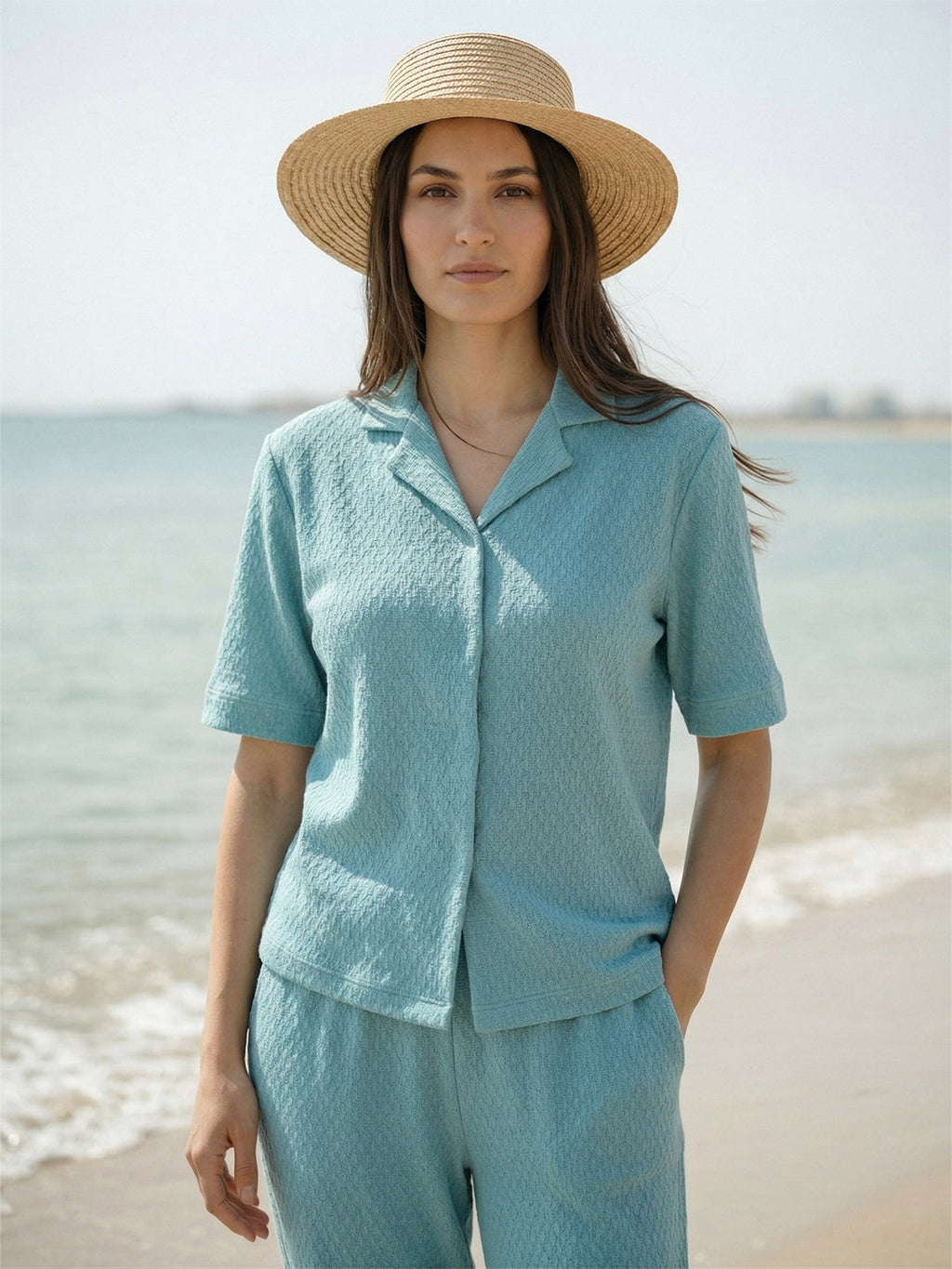 VORA LABEL Women Linen Solid Relaxed Fit Co-ord Set - Turquoise