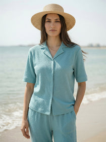 VORA LABEL Women Linen Solid Relaxed Fit Co-ord Set - Turquoise